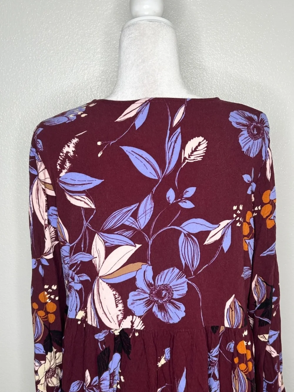 Free People Womens Maroon & Purple Floral V-Neck Smocked Long Sleeve Tunic Top L - Picture 7 of 10